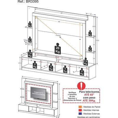 Rack Estante+Painel Tv 65" E Catar Br3395 Preto/lacca Fumê