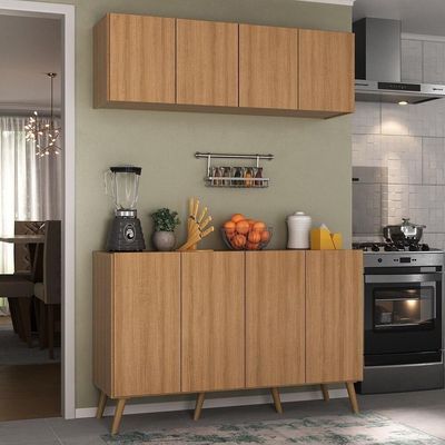 Kit Armário De Cozinha Aéreo E Balcão 4 Portas Retrô Multimóveis Mp2170 Rustic/natural