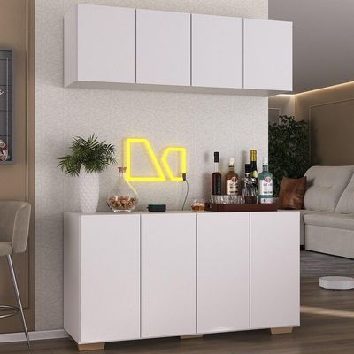 Kit Bar Armário Aéreo Aparador 4 Portas Mp1087 Branco/natural