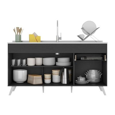 Balcão Cozinha Gabinete Pia 150Cm 3 Portas Preto/branco