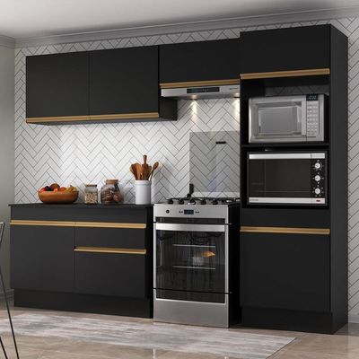 Armário De Cozinha Compacta 4 Peças Com Rodapé Mp2193 Made Multimóveis Preto/dourado Preto/dourado