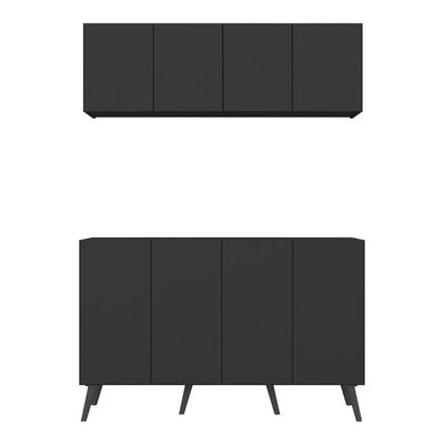 Kit Bar Armário Aéreo E Aparador 4 Portas Retrô Multimóveis Mp1086 Preto