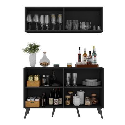 Kit Bar Armário Aéreo E Aparador 4 Portas Retrô Multimóveis Mp1086 Preto