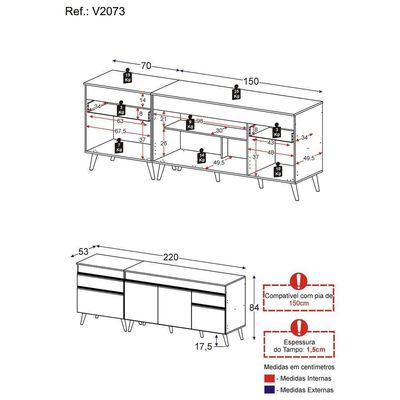 Kit Com 2 Balcões De Cozinha 150cm E 70cm Veneza Multimóveis V2073 Branco/preto Branco/preto