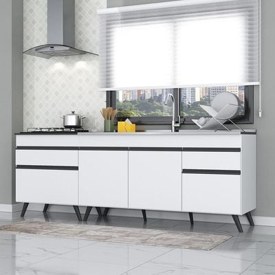Kit Com 2 Balcões De Cozinha 150cm E 70cm Veneza Multimóveis V2073 Branco/preto Branco/preto