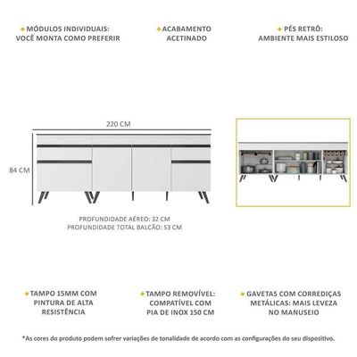 Kit Com 2 Balcões De Cozinha 150cm E 70cm Veneza Multimóveis V2073 Branco/preto Branco/preto