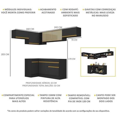 Cozinha Completa De Canto Mp2095 Com Armário E Balcão Preta