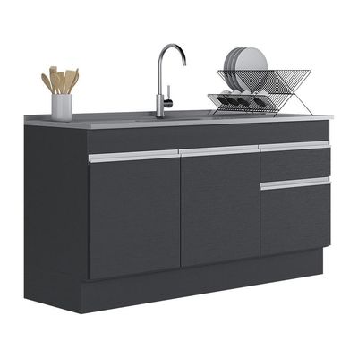 Balcão Cozinha Gabinete Pia 150cm 3 Ptas Preto/branco