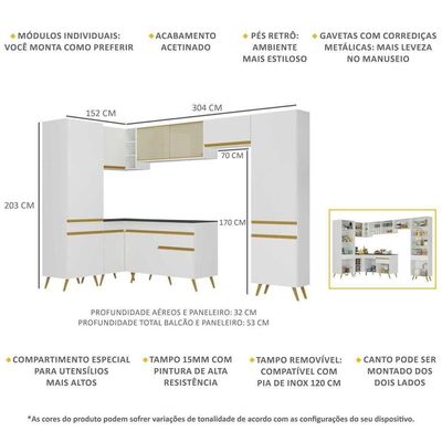 Armário De Cozinha Completa De Canto Veneza Multimóveis V2055 Branco/dourado Branco/dourado
