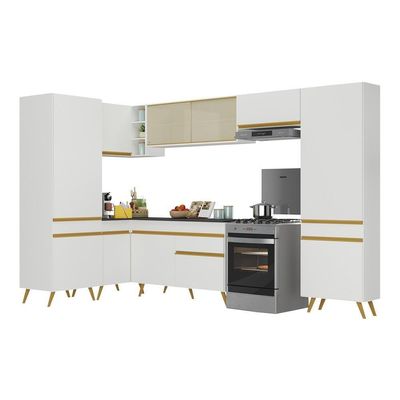 Armário De Cozinha Completa De Canto Veneza Multimóveis V2055 Branco/dourado Branco/dourado