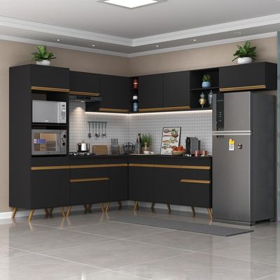 Cozinha Completa De Canto Mp2048 Com Armário E Balcão Preta