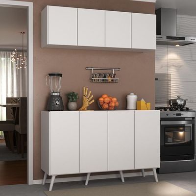 Kit Armário De Cozinha Aéreo E Balcão 4 Portas Retrô Multimóveis Mp2170 Branco Branco