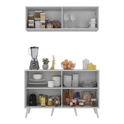 Kit Armário De Cozinha Aéreo E Balcão 4 Portas Retrô Multimóveis Mp2170 Branco Branco