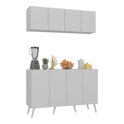 Kit Armário De Cozinha Aéreo E Balcão 4 Portas Retrô Multimóveis Mp2170 Branco Branco