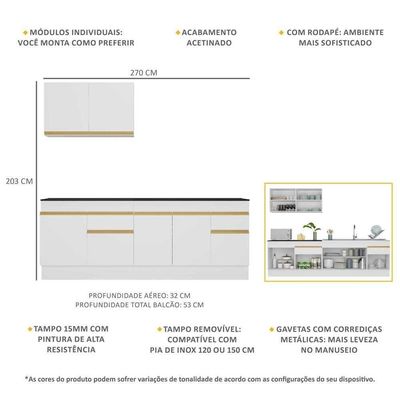 Armário De Cozinha Compacta 270cm Com Rodapé Veneza Multimóveis V2111 Branco/dourado Branco/dourado
