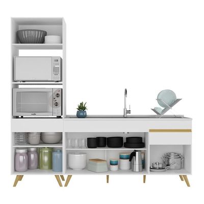 Armário De Cozinha Compacta 212cm Veneza Multimóveis V2078 Branco/dourado Branco/dourado