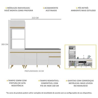 Armário De Cozinha Compacta 212cm Veneza Multimóveis V2078 Branco/dourado Branco/dourado