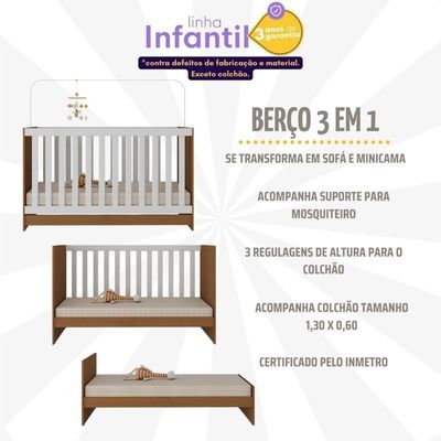 Berço 3 Em 1 Com Colchão Incluso Doce De Leite Multimóveis Mp4244 Madeirado/branco