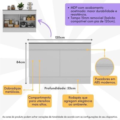 Balcão Cozinha Gabinete Pia 120cm 2 Portas Com Rodapé Veneza Multimóveis Mp2239 Branco Branco