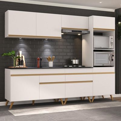 Armário De Cozinha Completa 252cm Com Leds Veneza Up Multimóveis V2035 Branco/dourado Branco/dourado