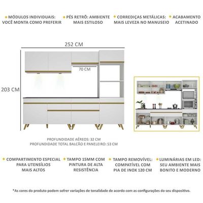 Armário De Cozinha Completa 252cm Com Leds Veneza Up Multimóveis V2035 Branco/dourado Branco/dourado