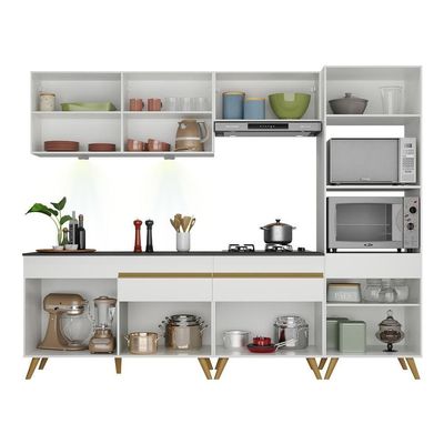 Armário De Cozinha Completa 252cm Com Leds Veneza Up Multimóveis V2035 Branco/dourado Branco/dourado