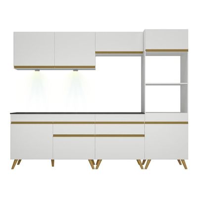 Armário De Cozinha Completa 252cm Com Leds Veneza Up Multimóveis V2035 Branco/dourado Branco/dourado