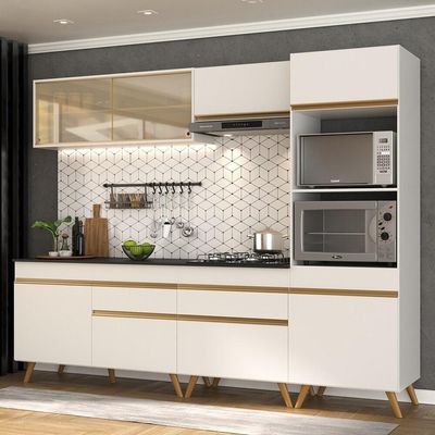 Armário De Cozinha Completa 252cm Veneza Multimóveis V3715 Branco/dourado Branco/dourado