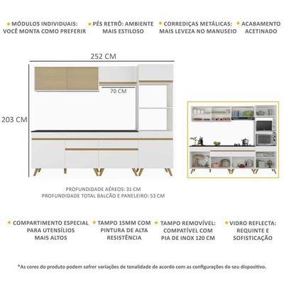 Armário De Cozinha Completa 252cm Veneza Multimóveis V3715 Branco/dourado Branco/dourado