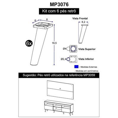 Pés Palito Retrô Kit Com 6 Unidades Multimóveis Preto