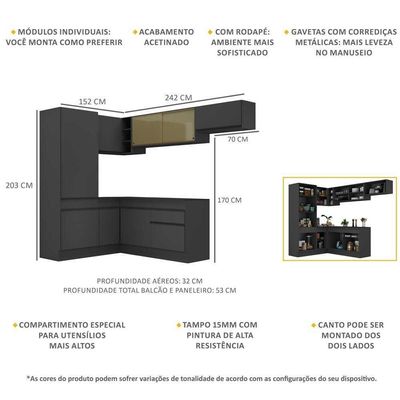 Armário De Cozinha Completa De Canto Multimóveis Preto