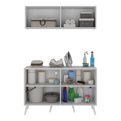 Conjunto Lavanderia Retrô Multiuso Armário Aéreo E Balcão Mp5053 Branco Branco