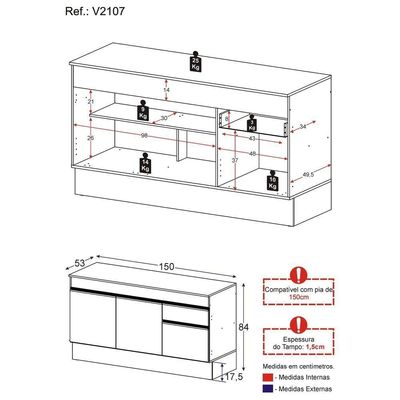 Balcão Cozinha Gabinete Pia 150cm Com Rodapé 3 Portas 1 Gaveta Veneza Multimóveis V2107 Preto Preto