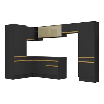 Armário De Cozinha Completa De Canto Com Rodapé Veneza Multimóveis V2090 Preto/dourado Preto/dourado