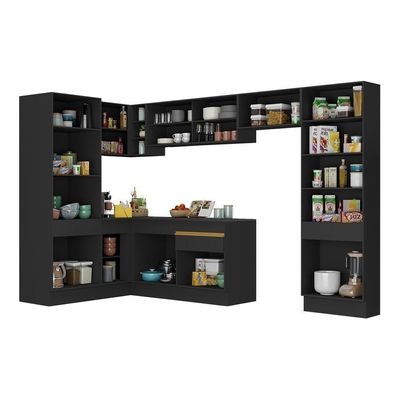 Armário De Cozinha Completa De Canto Com Rodapé Veneza Multimóveis V2090 Preto/dourado Preto/dourado