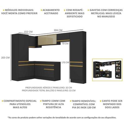 Armário De Cozinha Completa De Canto Com Rodapé Veneza Multimóveis V2090 Preto/dourado Preto/dourado