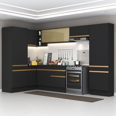 Armário De Cozinha Completa De Canto Com Rodapé Veneza Multimóveis V2090 Preto/dourado Preto/dourado