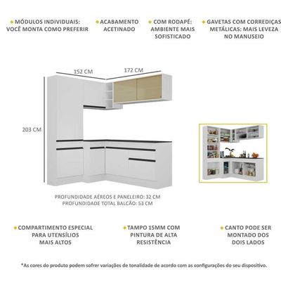 Armário De Cozinha Completa De Canto Com Rodapé Veneza Multimóveis V2089 Branco/preto Branco/preto