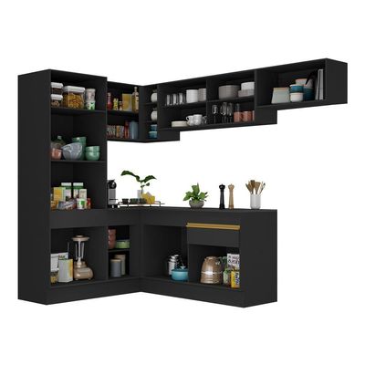 Cozinha Completa De Canto Rodapé Multimóveis Preto/dourado