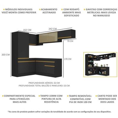 Cozinha Completa De Canto Rodapé Multimóveis Preto/dourado