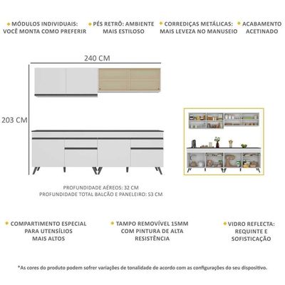 Armário De Cozinha Compacta 240cm Veneza Multimóveis V3696 Branco/preto Branco/preto