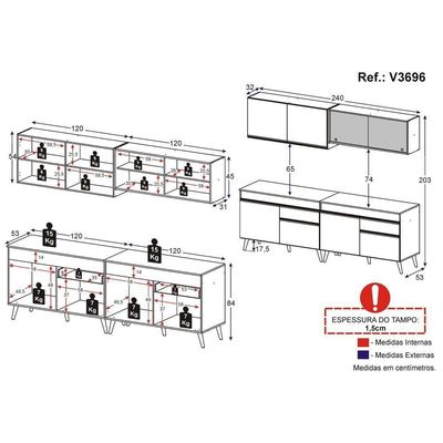 Armário De Cozinha Compacta 240cm Veneza Multimóveis V3696 Branco/preto Branco/preto