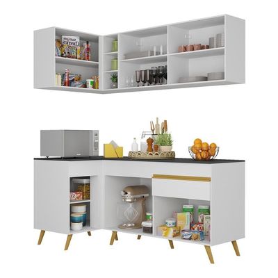 Armário De Cozinha Compacta De Canto Veneza Multimóveis V2057 Branco/dourado Branco/dourado