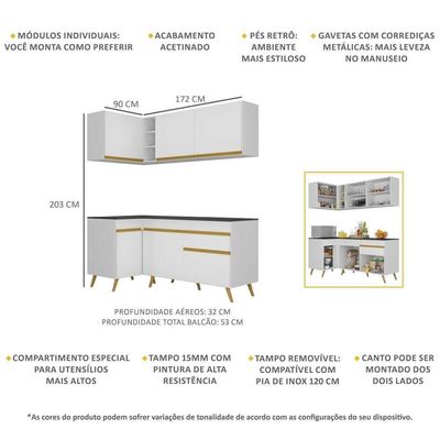 Armário De Cozinha Compacta De Canto Veneza Multimóveis V2057 Branco/dourado Branco/dourado