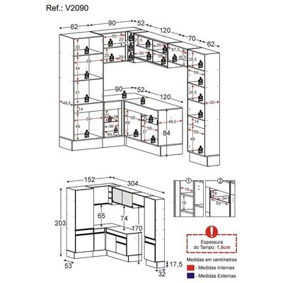 Armário De Cozinha Completa De Canto Com Rodapé V2090 Preto