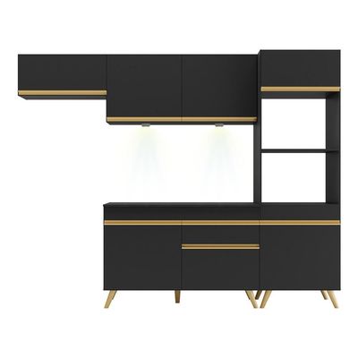 Armário De Cozinha Compacta 252cm Com Leds Veneza Up Multimóveis V2015 Preto/dourado Preto/dourado