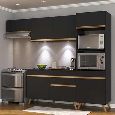 Armário De Cozinha Compacta 252cm Com Leds Veneza Up Multimóveis V2015 Preto/dourado Preto/dourado