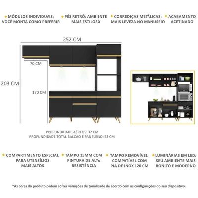 Armário De Cozinha Compacta 252cm Com Leds Veneza Up Multimóveis V2015 Preto/dourado Preto/dourado