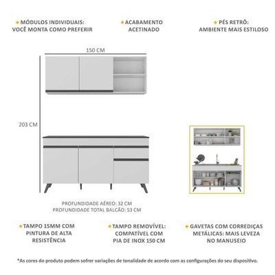 Armário De Cozinha Compacta 150cm Veneza Multimóveis V2142 Branco/preto Branco/preto