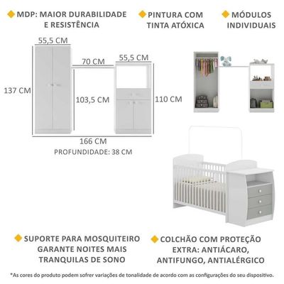 Quarto Infantil Com Berço-cômoda E Colchão Incluso Laura Multimóveis Branco/cinza